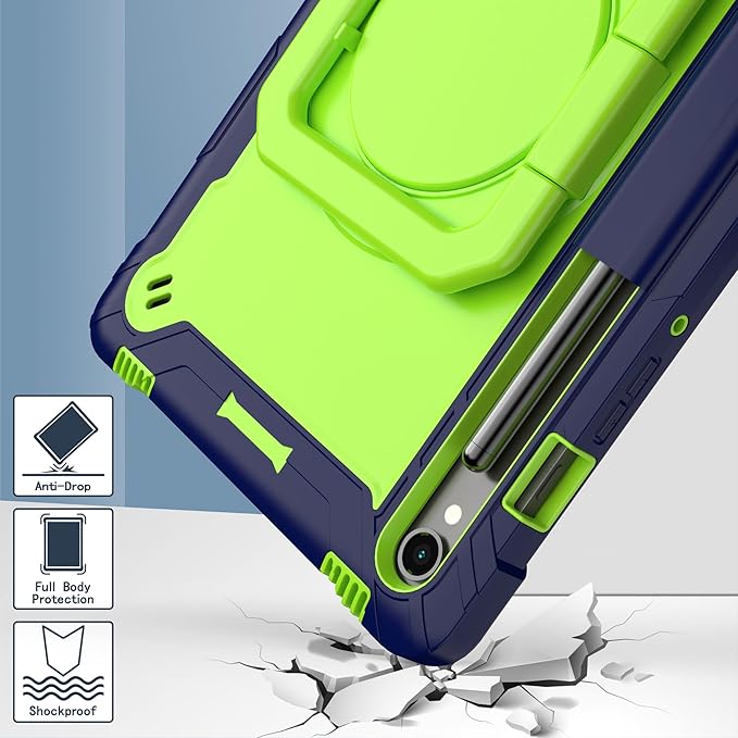 Case for Galaxy Tab S9 FE+/Tab S9+ 12.4 inch Rugged Armor Heavy Duty Hybrid Cover with Adjustable Stand and Handle for Tab S9 Plus 12.4 with Shoulder Strap and S Pen Holder (Blue/Green)
