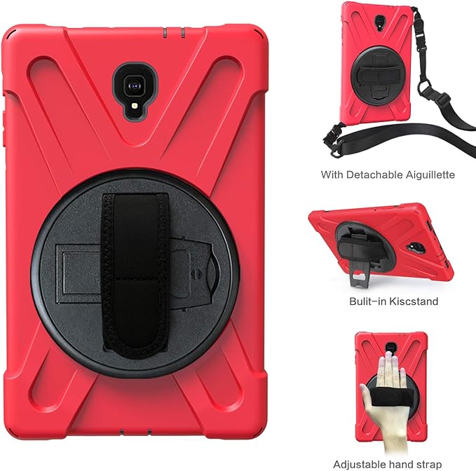 Rugged Case for Samsung Galaxy Tab A 10.5 2018 (SM-T590/T595/T597) Portable Hybrid Shock-Proof Cover with 360° Rotatable Hook&ampLoop HandleShoulder Strap (Red)