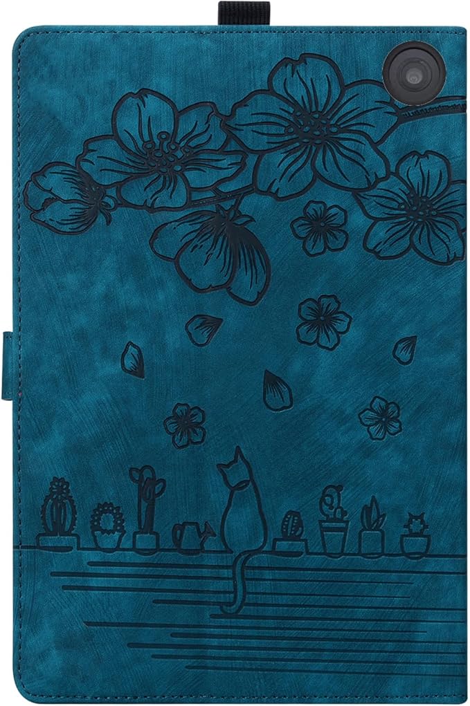 for Amazon Kindle Fire HD 8 &amp Fire HD 8 Plus Case 12th/10th Generation (2024/2022/2020) 8 UUcovers Embossed PU Leather Folio Magneic Cover with Stand/Pencil Holder Cherry Blossom Blue Cat