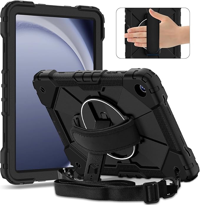 Case for Samsung Galaxy Tab A9 Plus(X210/X216/X218)/A11+ 11 Inch 2025 (X230/X236B) Heavy Duty Shockproof Rugged 360 Rotating Hand Strap Protective Case for Tab A11 PlusBlack+Black