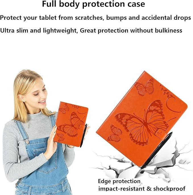Kindle Fire HD 10 Tablet 2019/2017 Case 9th/7th Generation with Pencil Holder Pockets [Auto Sleep/Wake] Folio Stand Embossed PU Leather Magnetic Smart Wallet TPU Cover Orange Butterfly