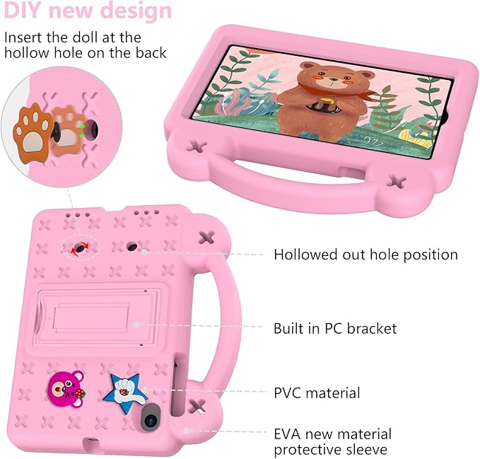 Kids Case for Onn 10.1 Inch Tablet Case 2024 Gen 4 Model:100135925 EVA Soft Kickstand Cute DIY Figures Handle Design Kids Friendly Lightweight Protective Case for Onn 10.1 2024Pink
