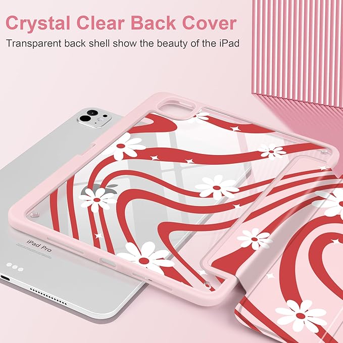 DONGKE for iPad Pro 11-Inch Case (M5 2025 / M4 2024) 6th/5th Generation [Auto Sleep/Wake &amp Pencil Pro Holder] Clear Acrylic Back Smart Trifold Stand Cover Swirl &amp Daisy