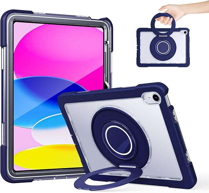 Case for iPad (A16) 11th /10th Generation 11 Inch 2025/10.9 inch 2022with Screen Protector360 Rotating Metal StandClear BackHeavy Duty Shockproof for Kids Case Navy Blue