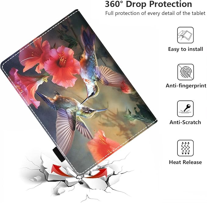 Case for All-New Amazon Kindle Fire HD 10 &amp 10 Plus Tablet 10.1 (13th/11th Generation 2023/2021 Release) - PU Leather Folio Case with Smart Auto Wake/Sleep - Hummingbird Flowers