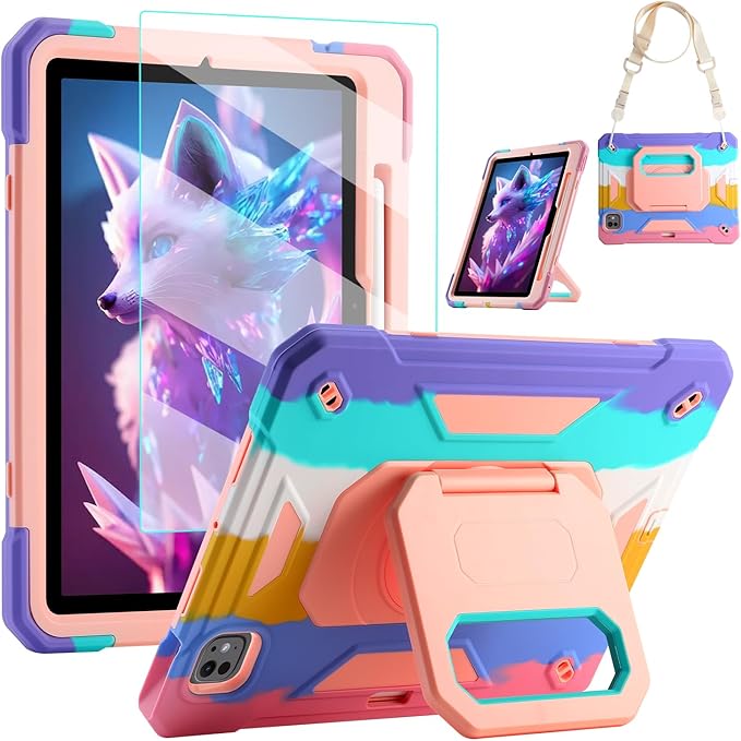 KCJ for iPad Pro 11 Case (M4) 2024with Tempered Glass Screen ProtectorCute Protective Case with Folding Stand/Pencil Holder/Shoulder Strap for iPad Pro 11 2024 (5th Generation) (Rainbow)