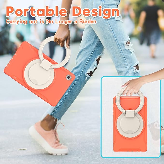 Shockproof Case for Samsung Galaxy Tab A7 Lite 8.7 Tablet Techcircle Rotating Stand Handle Heavy Duty Bumper Hybrid Cover Protective Case for Galaxy Tab A7 Lite (2021) SM-T220/T225 Coral Orange