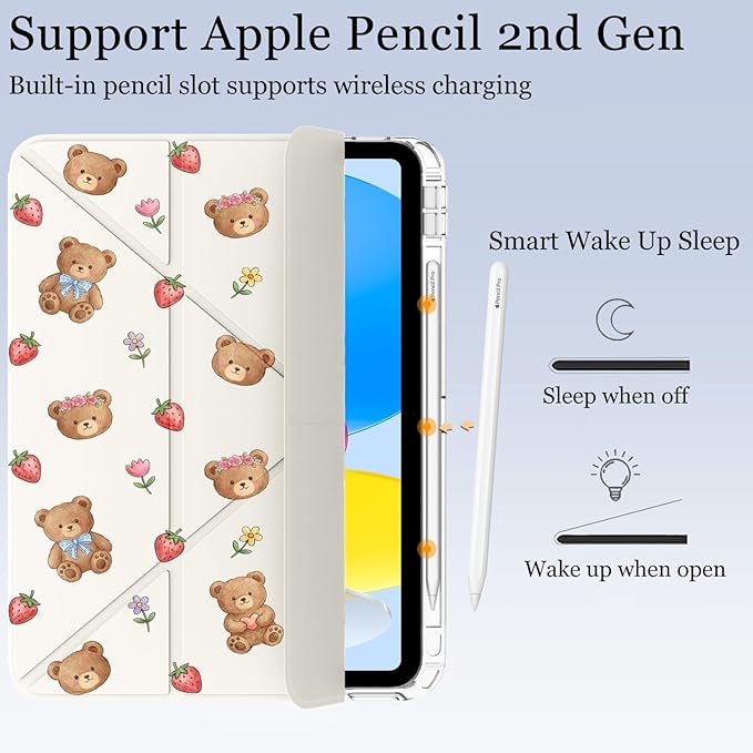 Cute Kawaii Bear Strawberry for iPad (A16) 11th/10th Generation Case 11 Inch/10.9 Inch 2025/2022 with Pencil Holder Auto Sleep/Wake White Leather Acrylic Back Detachable Cover