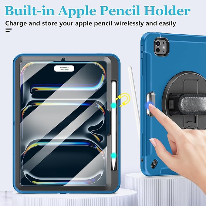 Case for iPad Pro 11 M5 2025/ M4 2024: Protective Cover for iPad Pro 11 Inch 5th Generation with Screen Protector- Stand- Handle- Shoulder Strap- Pencil Holder- Blue