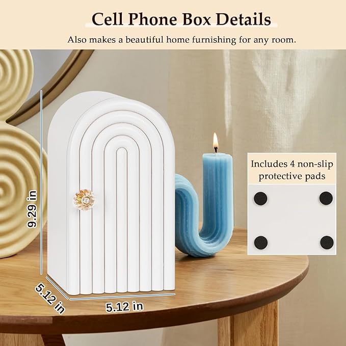 Phone Box for Family Time Bamboo Cell Phone Jail 3 Sections Hold 6 Phones with Charging Holes Phone Holder Self-Discipline Box Help Kids Adults Focus Back Mobile Phone Addiction (White)