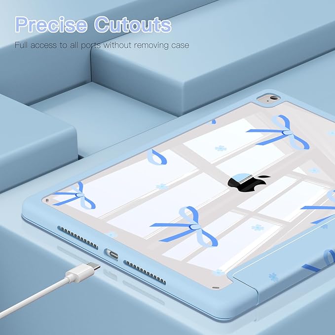 Teryeefi for iPad 10.2 case 2021 Release 9 Generation Built in Pencil Holder - Stand-Auto Wake/Sleep TPU Protection Stand Clear Back Cover for 2020 2019 iPad 7th/8th Case (Blue Bow)