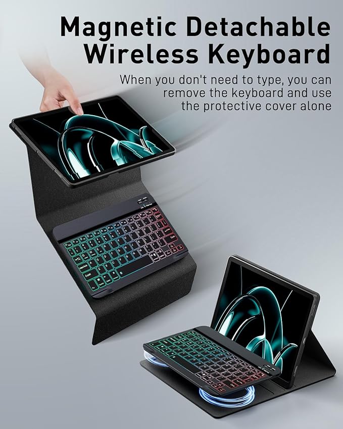 Case with Keyboard for 2025 Lenovo Idea Tab Plus 12.1 Inch/Lenovo Tab K12 - Rainbow Backlit Detachable Cover with Mouse (TB361FU/TB361ZU) - Black