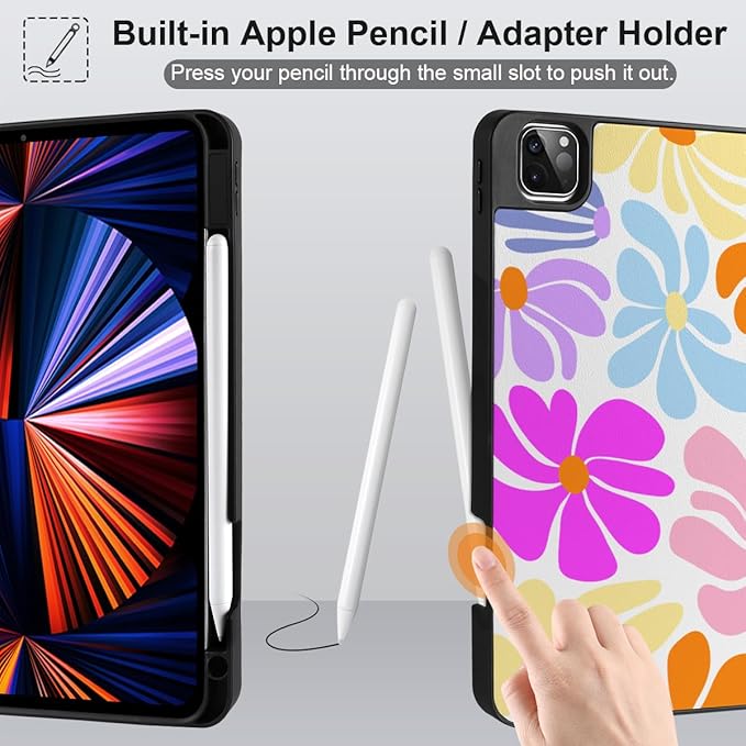 DONGKE Case for iPad Pro 12.9 inch 6th Generation 2022 Built-in Pencil Holder + Trifold Stand + Auto Wake/Sleep + Protective Cover for iPad Pro 12.9 5th/4th/3rd Gen - Retro Flowers