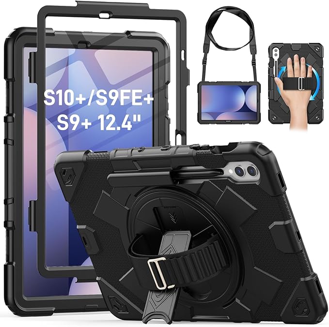HXCASEAC Case for Samsung Galaxy Tab S10+ Plus / S9 Fe+ / S9+ 5G 12.4 inch Protective with Screen Protector/S Pen Holder/ 360 Rotating Stand Hand Strap - Black