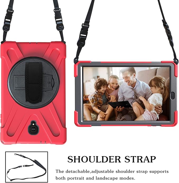 Rugged Case for Samsung Galaxy Tab A 10.5 2018 (SM-T590/T595/T597) Portable Hybrid Shock-Proof Cover with 360° Rotatable Hook&ampLoop HandleShoulder Strap (Red)