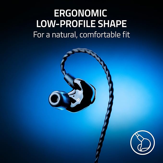 Razer Moray in-Ear Monitor for All-Day Streaming: Clear Full-Range Audio - Comfortable Fit - Low Profile Design - Sound Isolating Earbuds - Detachable Over-Ear Wire - Custom Ear Tips &amp Case - Bla