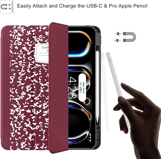 Soke Case for New iPad Pro 13 Inch (M5/M4 2025/2024 Release) with Pencil Holder Trifold Stand Shockproof [Support Apple Pencil Charging + Auto Wake/Sleep] Soft TPU Back Cover Book Wine