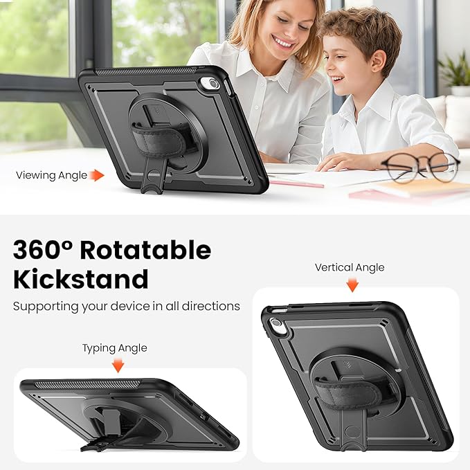 Case for iPad (A16) 11th/10th Generation 11''/10.9'' 2025/2022: Shockproof Protective Case with Hand/Shoulder Strap Pencil Holder Rotate Stand Screen Protector Black