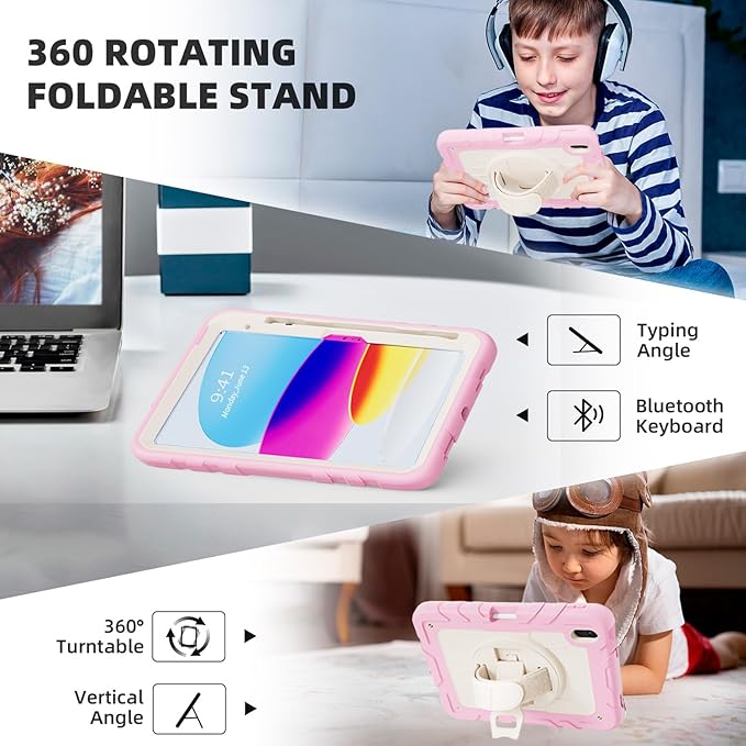 Case for iPad 10th Generation 10.9inch 2022with Built-in Screen Protector and KickstandHand StrapShoulder Strap for New Apple iPad 10.9 Inch(Pink/Beige)