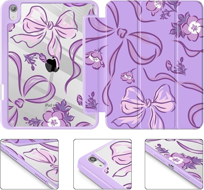 Mektron Printed Case for iPad mini 7 (A17 Pro) 2024/ Mini 6 2021 iPad mini 7th/6th Generation 8.3-inch Liquid Retina Display Cover Buit in Pencil Holder with Clear Back Shell Flowers-Bows-Purple