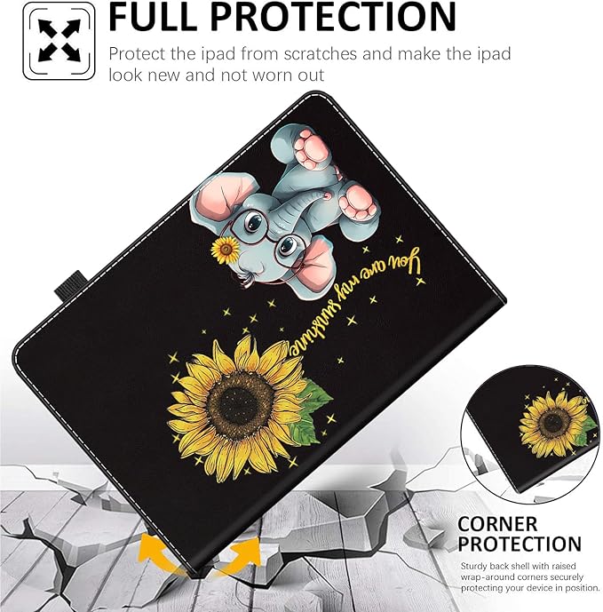 Case for All-New Amazon Fire HD 10 and 10 Plus Tablet (13th/11th Generation 2023/2021 Release) 10.1 - Slim Fit Standing Cover with Auto Sleep/WakeCute Elephant and Sunflower