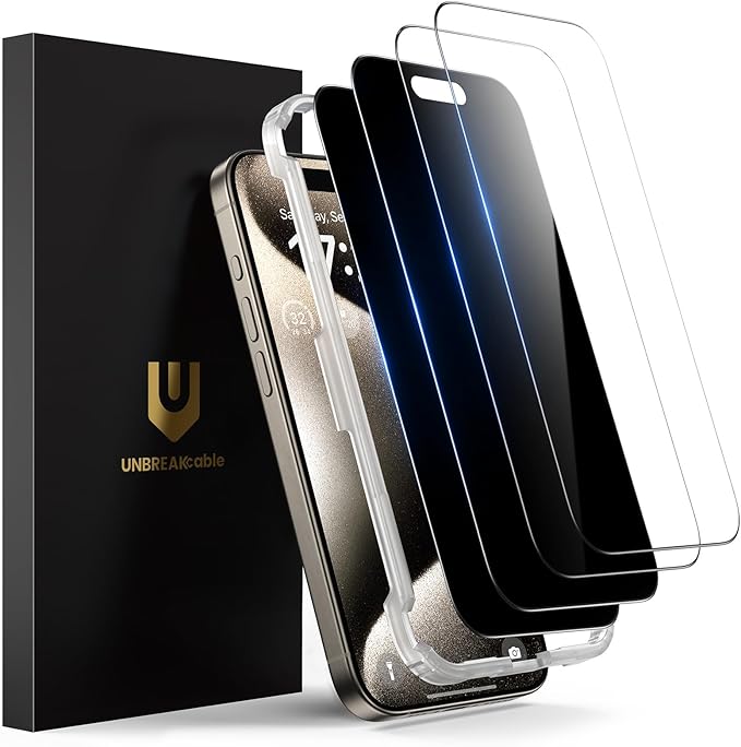 UNBREAKcable 4PCS Screen Protector for iPhone 15 Pro Max - 2 Privacy Tempered Glass+2 Clear Glass Double Shatterproof [Installation Frame] [9H Hardness] [Case Friendly] Anti-Scratch iPhone 6.7 inch