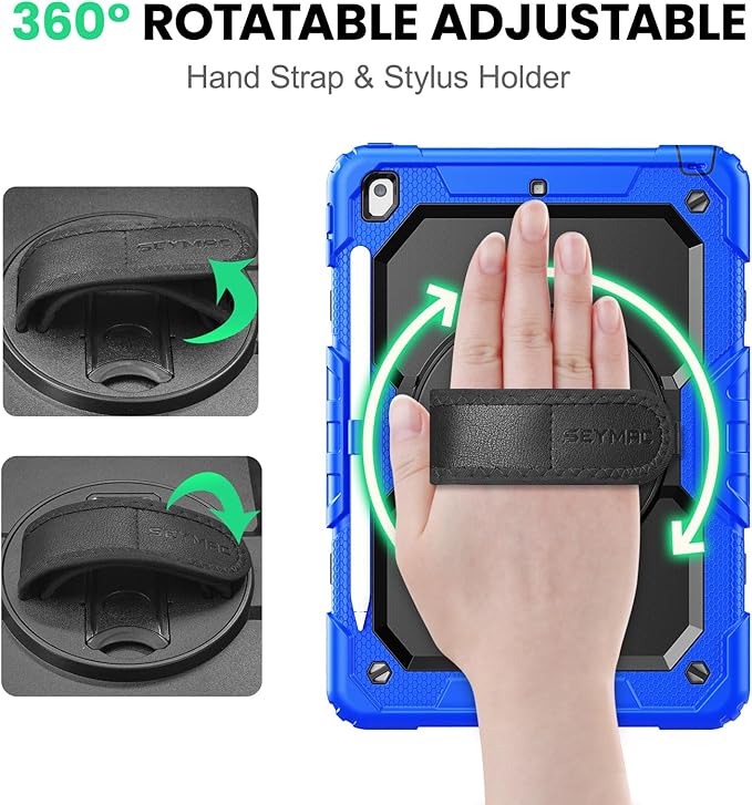 SEYMAC for iPad 9th/8th/7th Generation Case 10.2 2021-2019 Full-Body Shockproof Protective Case with Screen Protector Rotating Stand/Handle/Shoulder Strap for iPad 10.2 Blue/Black
