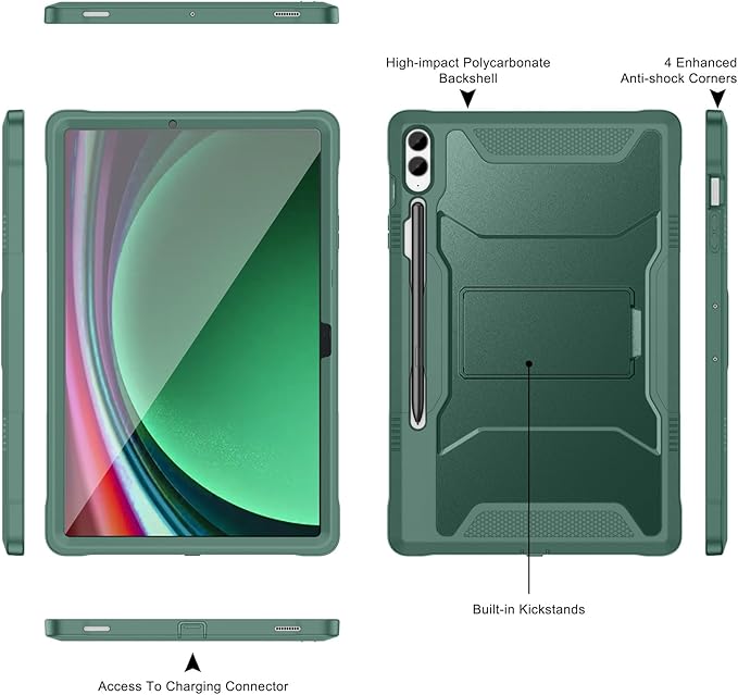 Soke Case for Samsung Galaxy Tab S9 Plus/S9 FE+ 2023 with Built-in Screen Protector &amp Kickstand Rugged Full Body Protective Cover for Galaxy Tablet 12.4 InchMidnight Green
