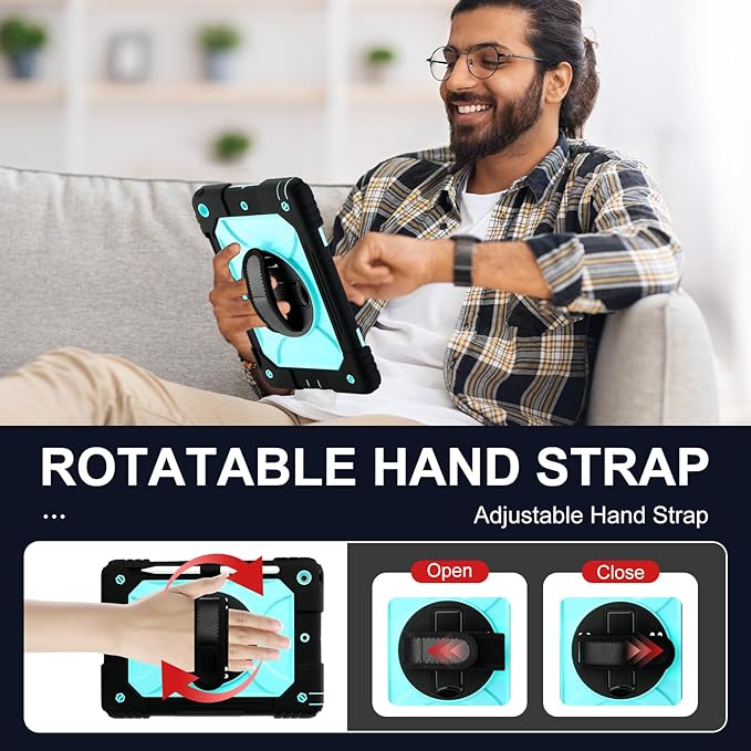 for iPad 9th/8th/7th Generation CaseiPad 10.2 Case 2021/2020/2019 with Cute Key Chain Rugged Protective Case with 360°Rotating Stand &amp Shoulder Hand Strap &amp Pen Slot for 10.2 Inch (Black+Aq