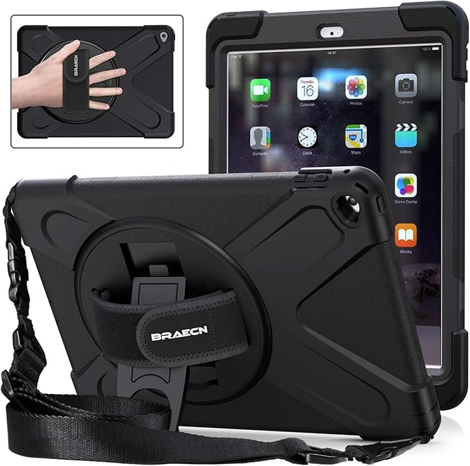 BRAECNstock for Apple iPad Air 2 (2nd Generation) Case 9.7 inch 2014 Shockproof Protective iPad Air 2 Covers and Cases with Pencil Holder Rotating Stand+Hand Strap Shoulder Strap Black