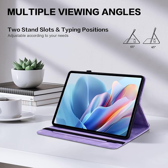 Case for Lenovo Idea Tab Pro 12.7 Inch 2025 Embossed Heart PU Leather Protective Tablet Case with Elastic Band &amp Card Slots/Holder Multi-Angle Viewing Stand Cover Purple
