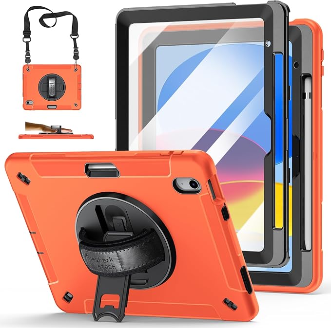Case for iPad (A16) 11th/10th Generation Case: Protective Cover for iPad 11th Gen 11 Inch 2025 &amp10th Gen 10.9 2022 with Screen Protector- Stand- Shoulder Strap- Handle- Pencil Holder-Orange