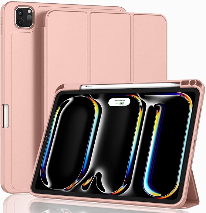 ZryXal New iPad Pro 13 Inch Case (M5) 2025 / (M4) 2024 with Pencil Holder Smart iPad Case [Support Pencil Pro and Pencil (USB-C)] Support Touch ID and Auto Wake/Sleep (Rose Gold)