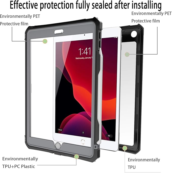 iPad Case Waterproof Full Body Cover for iPad 10.2 inch 2021 (Black) Compatible with 7th/8th/9th Gen Protective with Pencil Holder Anti-Scratch Shockproof IP68
