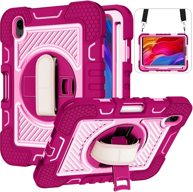 Shockproof Case for iPad mini 2024 (A17 Pro) iPad mini 6 2021 Cover with Shoulder Strap Techcircle Heavy Duty Rotating Kickstand Hand Strap Rugged Protective Case w/Pencil Holder Rose+Pink