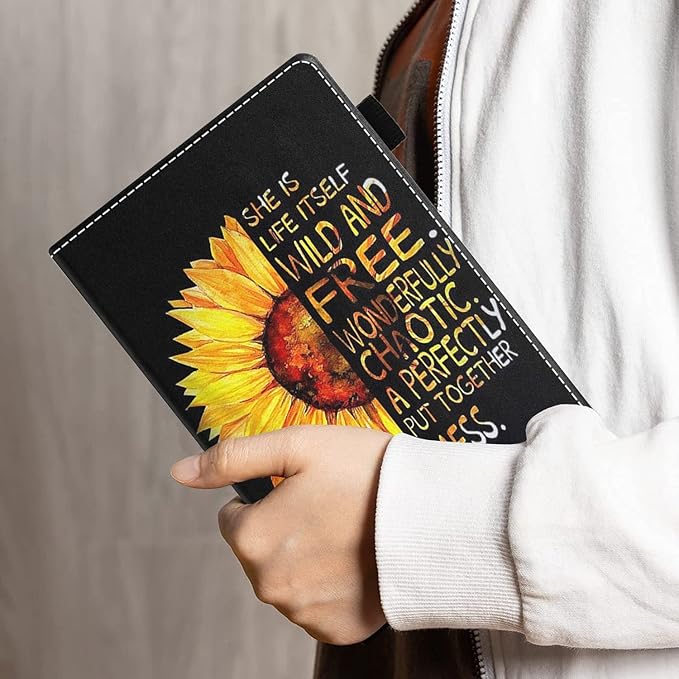 Case for Amazon Kindle Fire 7 Tablet (7 Display 9th/7th Generation 2019/2017 Release) - PU Leather Folio Case with Smart Auto Wake/Sleep Sunflower Floral Quote