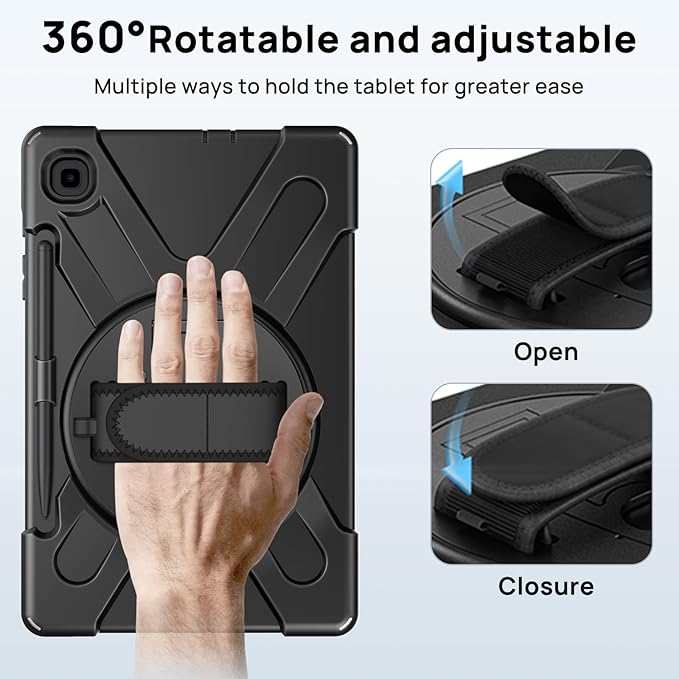 Gerutek Case for Samsung Galaxy Tab S6 Lite 10.4 2024/2022/ 2020 Full-Body Drop Protective Case with Screen Protector Pen Holder 360° Rotate Hand Strap &amp StandShoulder Strap Black