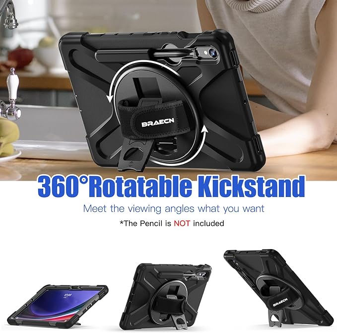BRAECNstock for Samsung Galaxy Tab S10 Lite/ S10 FE/ S9 FE/ S9/ S8/ S7 5G Case 10.9/11 Shockproof Protective Case with Pencil Holder 360° Rotating Hand Strap &amp Stand Shoulder Strap Black