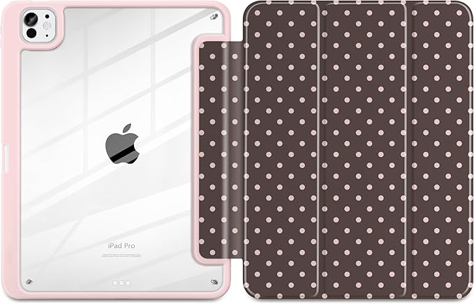 TWOLSKOO Case for iPad Pro 11-inch (M5 2025 / M4 2024) Clear Acrylic Back with TPU Bumper Pencil Holder Trifold Stand Auto Sleep/Wake Chocolate Polka Dot