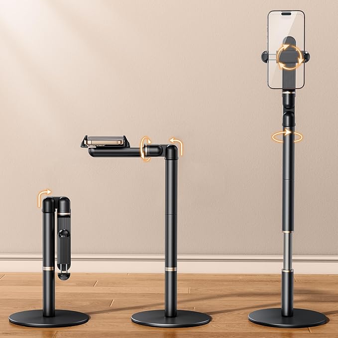 Height/Angle Adjustable Phone Holder 10-25 Retractable Tall Phone Stand for Desk720°Rotatable+180flip Phone Holder Stand for Video Calls Kitchen Table Office Etc -Clip Type