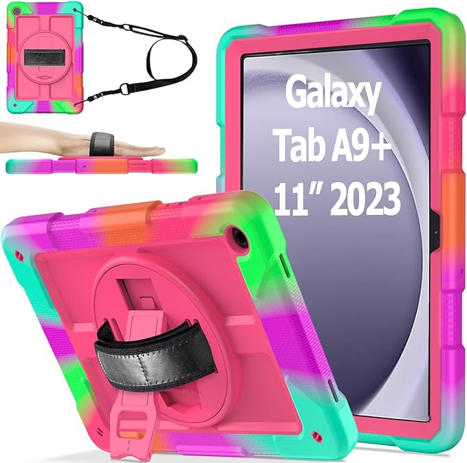 AVAWO Case for Samsung Galaxy Tab A9+ Plus 11 inch 2023 with 360° Swivel Handle Strap Cover with Lanyard Colorful Rose