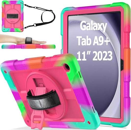 AVAWO Case for Samsung Galaxy Tab A9+ Plus 11 inch 2023 with 360° Swivel Handle Strap Cover with Lanyard Colorful Rose