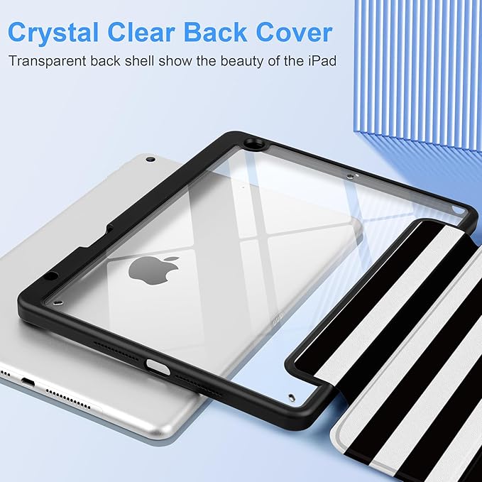 DONGKE for iPad 9th/8th/7th Generation Case 10.2 Inch (2021/2020/2019) [Auto Sleep/Wake &amp Pencil Holder] Clear Acrylic Back Trifold Stand Cover Black Stripes