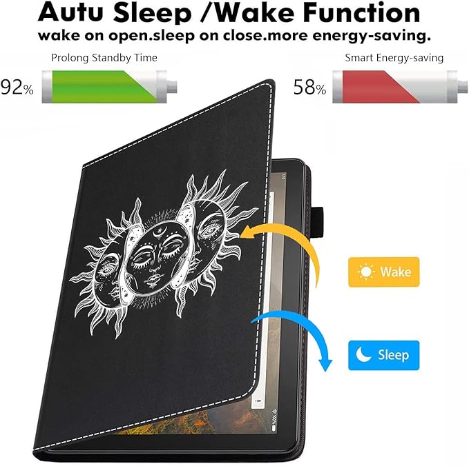 Case for All-New Kindle Fire 7 Tablet (7 12th Generation 2022 Release) Moon and Sun with Many Fractal Faces Celestial Energy Mystic Art PU Leather Folio Case with Smart Auto Wake/Sleep