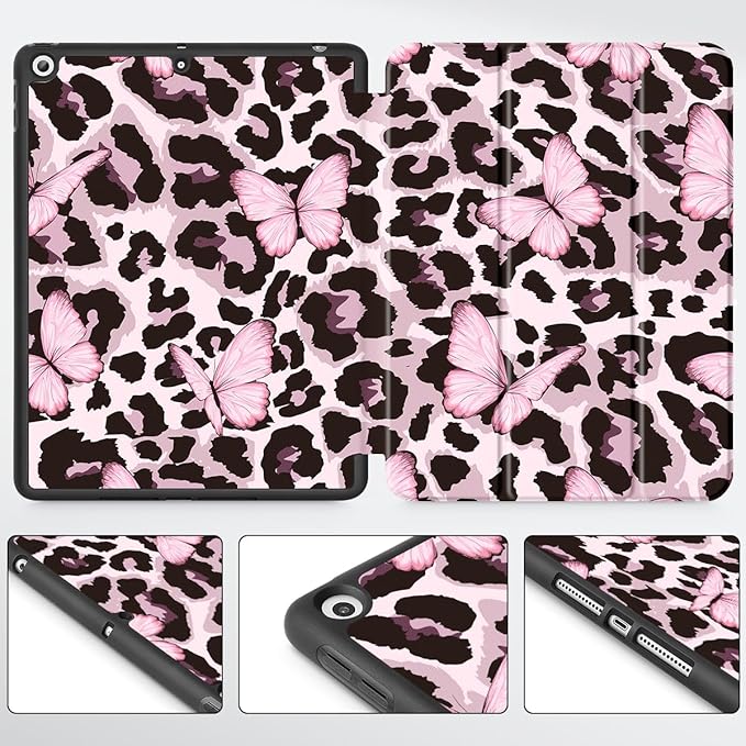 Mektron Designed Printed iPad 10.2 Case 9th Gen (2021)/ 8th Gen (2020)/ 7th Gen (2019) with Pencil Holder Slim Protective Case with Soft TPU Back for iPad 10.2 Inch Leopard Pink Butterfly