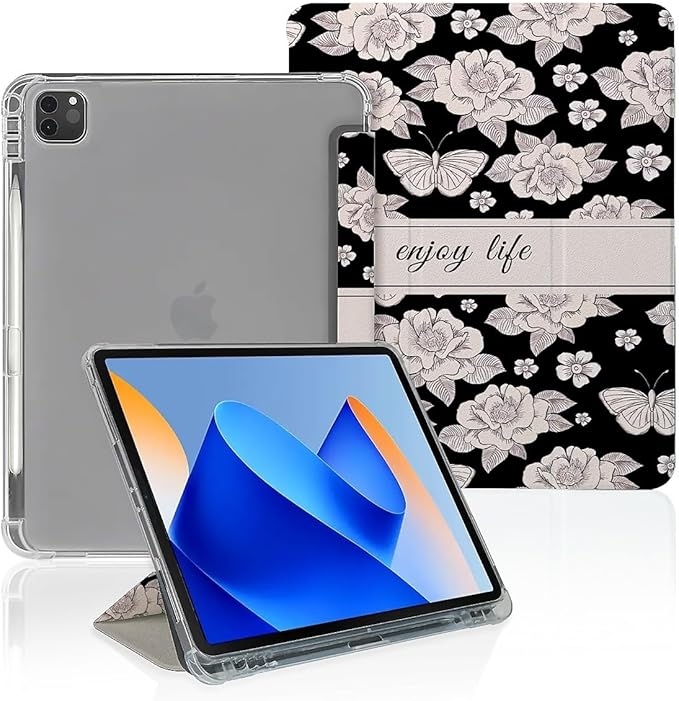 Vintage White Flowers and Butterflies Case Compatible with IPad 9th 8th 7th Generation 10.9 Inch 2021/2019/2018Funny Cover with Trifold Stand + Pencil Holder for Boys GirlsiPad Pro 11inch 2024