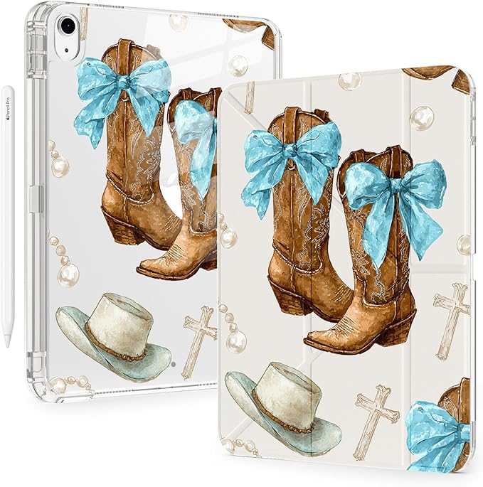 Western Cowgirl Boots Bow for iPad (A16) 11th/10th Generation Case 11 Inch/10.9 Inch 2025/2022 with Pencil Holder Auto Sleep/Wake White Leather Acrylic Back Detachable Cover