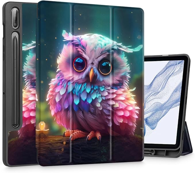 Tuiklol Case for Samsung Galaxy Tab S9 FE (5G) 10.9 inch &amp Tab S9 11 Inch 2023 Release Built-on S-Pen Holder Slim Hard Shell Case Smart Trifold Stand Cover Auto Wake/SleepRainbow owl