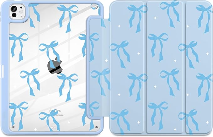 MecBevia Case for iPad Pro 11 inch M5 2025 / M4 2024 (6th/5th Gen) A3357 A3358 A3359 A2836 A2837 A3006 – Built-in Pencil Holder &amp Auto Wake/Sleep Blue Bow