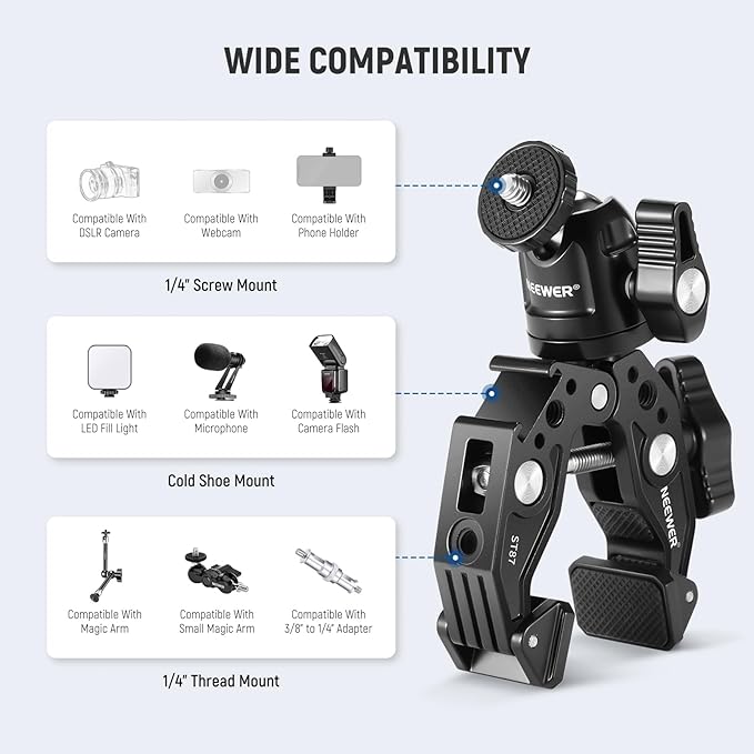 Neewer Super Clamp with Ballhead Cold Shoe Phone Holder and Action Camera Mount Adapter for Flat/Round Surface Compatible with GoPro DJI iPhone 15 Pro Max ST87